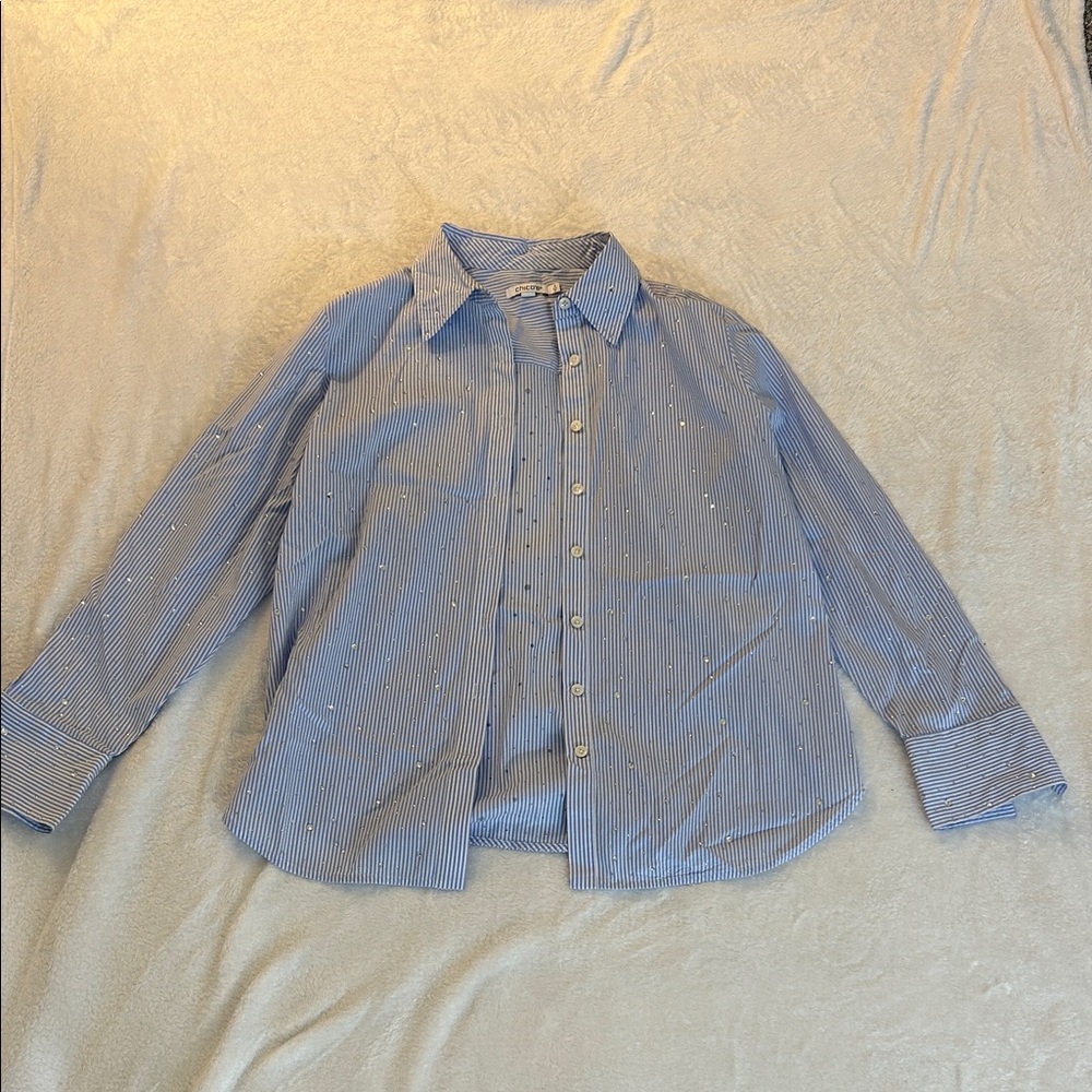 Chico’s Blue Striped Button-Up Shirt with Jen’s